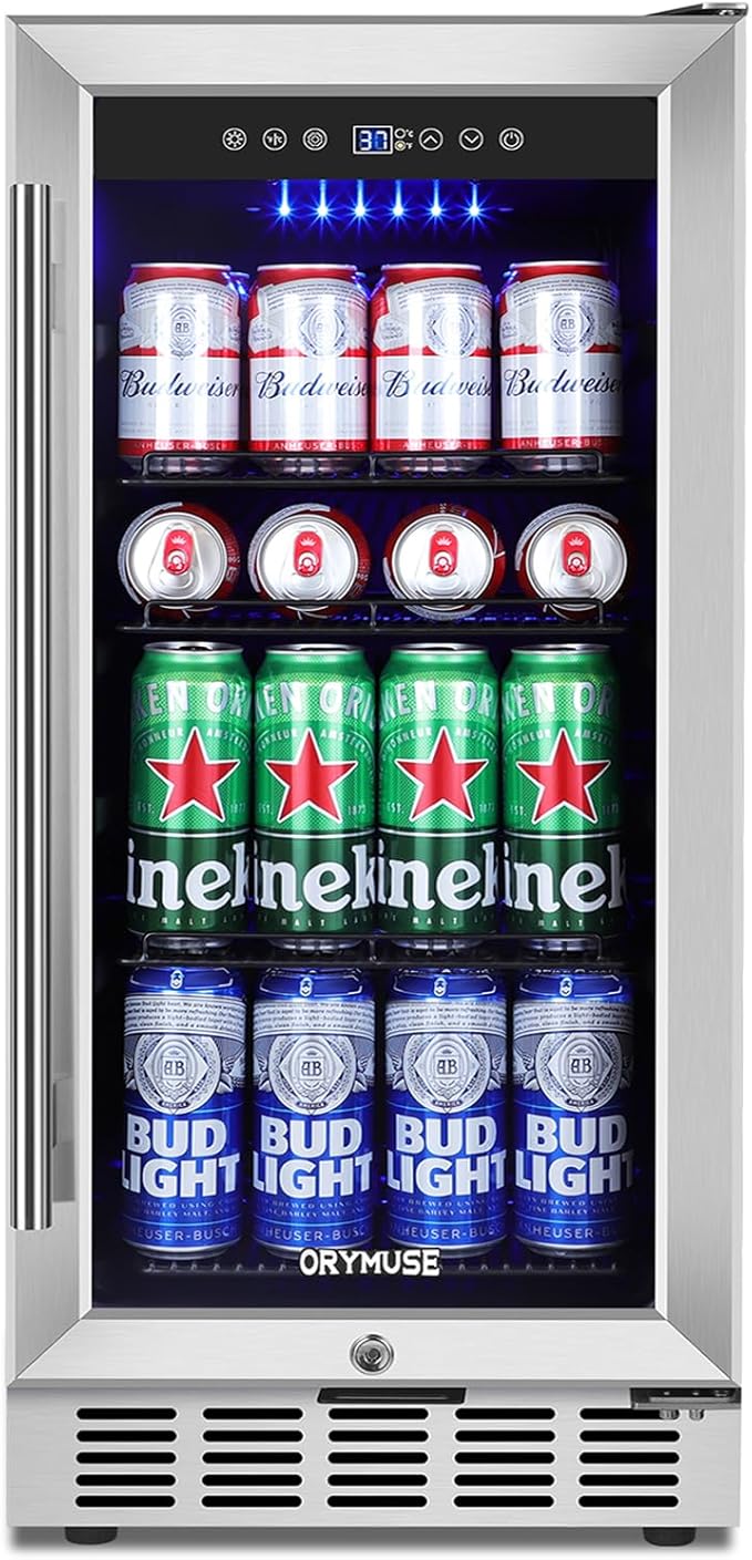 ORYMUSE 15 Inch Beverage Refrigerator, 130 Can Capacity Under Counter Fridge with Lock & Glass Door, Quiet Built-in or Freestanding Beer Cooler, Powerful Compressor for Fast Cooling