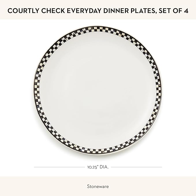 MACKENZIE-CHILDS Set of 4 Everyday Dinner Plates, Dishwasher- and Microwave-Safe, 10 Inches, Black-and-White Courtly Check