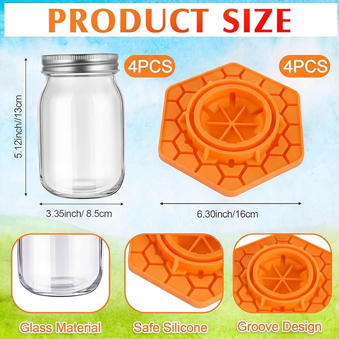 4 Pack Bee Feeder for Mason Jar Bee Watering Station Garden Silicone Sugar Water Feeder Beekeeping Drinking Equipment Tools with Mason Jars for Drinking Water(Orange,Hexagon)