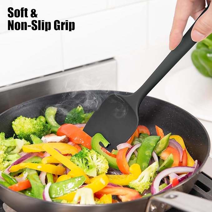 3-Piece Silicone Spatula Scrapers: Doosu 600°F Heat Resistant Food Grade Kitchen BPA Free Rubber Baking Cooking Tool Nonstick Utensil Set for Mixing, Scraping, Folding, Stirring, Serving (Black)
