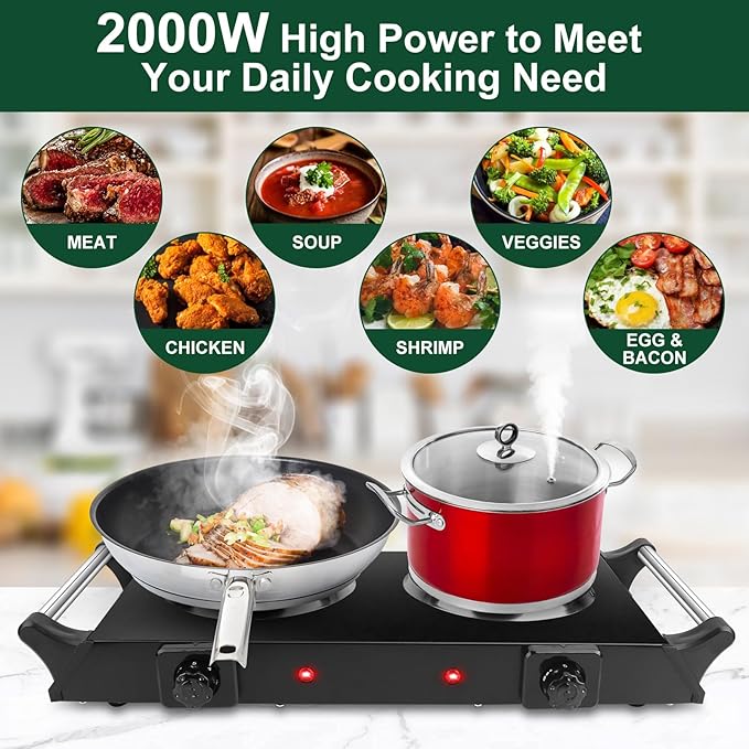 Electric Countertop Double Burner, 2000W Cooktop with Cast Iron Hot Plate & Stay Cool Handles, 5 Level Temperature Control, Easy to Clean, Indicator Lights, Cooking Stove for Office Home Camping RV