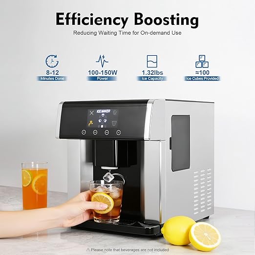 2-in-1 Ice Maker & Water Dispenser, 3 Ice Sizes in 8-12 Mins, Countertop Ice Maker Built-in Water Dispenser, Stainless Steel Ice Machine with Ice Scoop for Kitchen, Office, Party