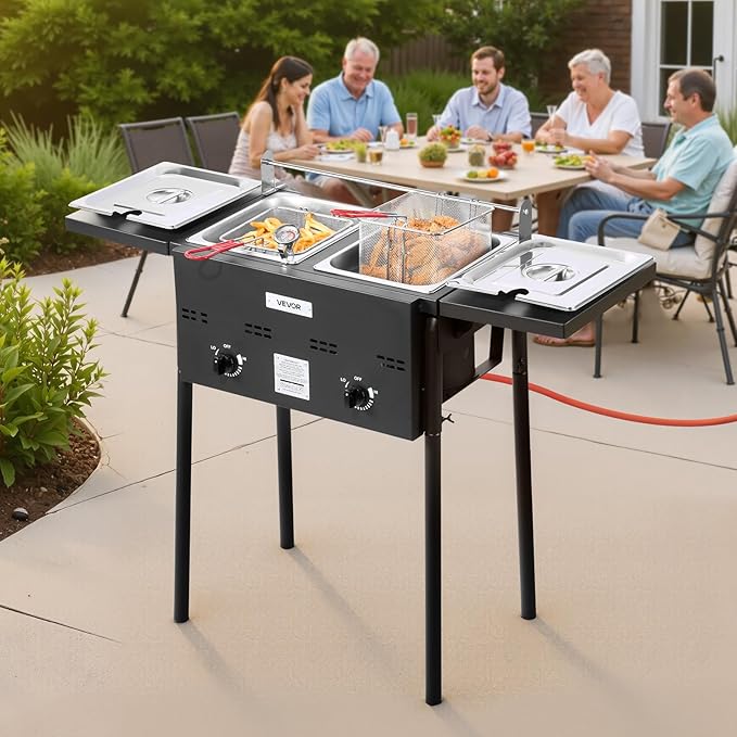 VEVOR Outdoor Propane Deep Fryer, Double Burners Commercial Fryer, 16 Qt Stainless Steel Cooker with Removable Baskets & Lids & Tanks, Oil Fryer Cart with Thermometer & Regulator, For Outdoor Cooking