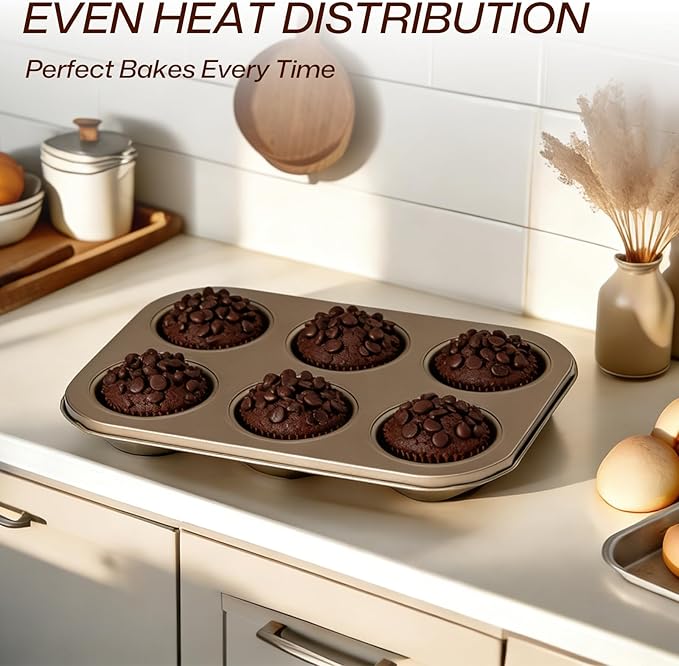 5-Piece Gold Nonstick Baking Pans Set, Carbon Steel Bakeware Includes Round Cake Pan, 6-Cup Muffin Pan, Square Pan, Pizza Pan, Loaf Pan, Complete Baking Tools for Home Baking & Gift