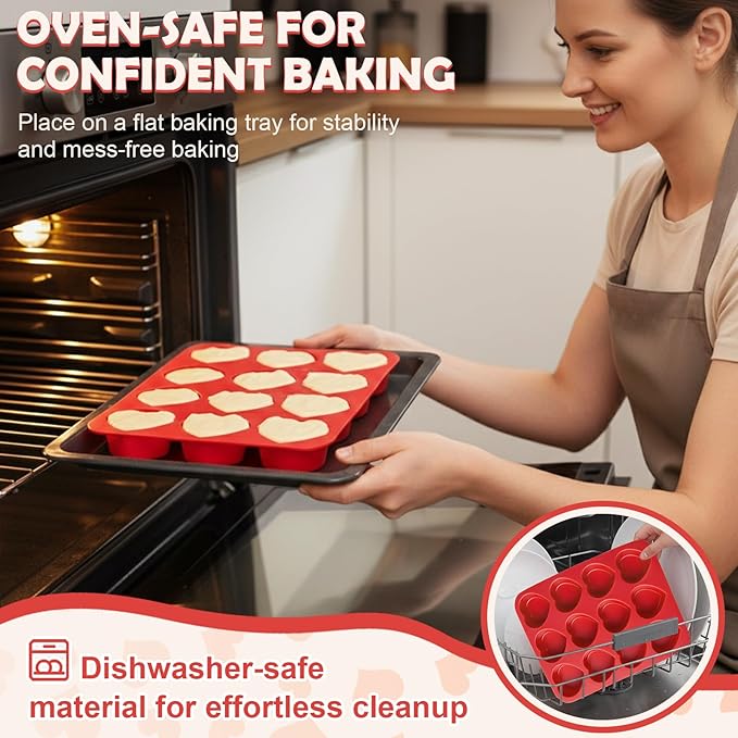 HKNMTT Silicone Heart Molds Valentine's Day for Chocolate Muffin Chocoflan Cake Egg Bites Jello Soap Cupcake Baking, 12 Cavities 2 Pack Love Shapes Red Dessert Pan Handmade DIY Gift Oven Safe Mould