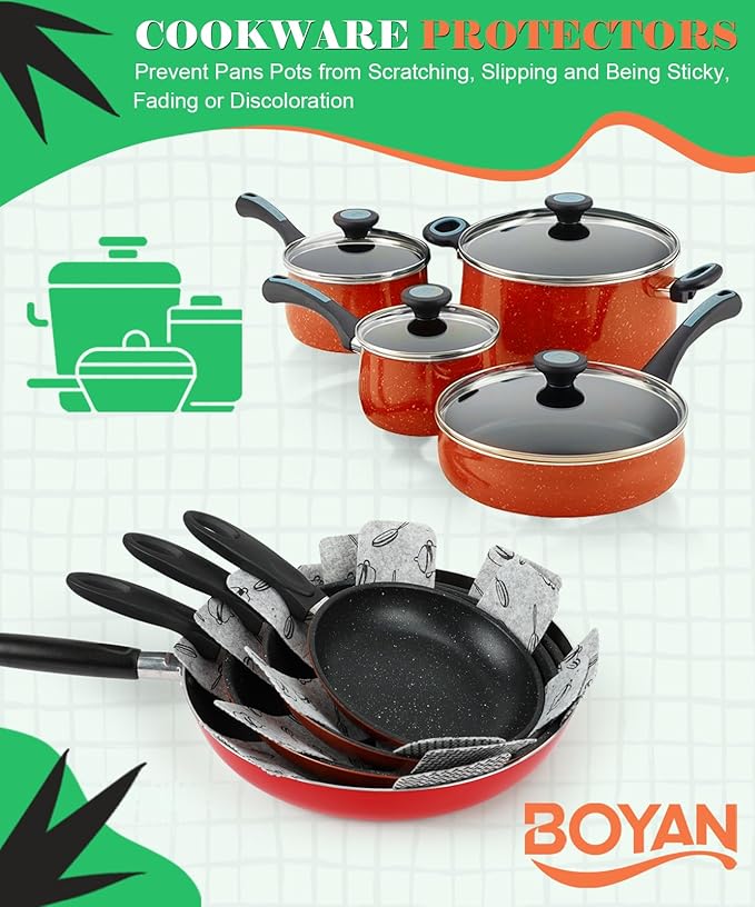 BOYAN Pot and Pan Protectors for Stacking, Set of 6 & 3 Sizes, Felt Pan Separators Dividers Pads for Space Saving, Pot Protectors for Stacking and Protecting Your Cookware