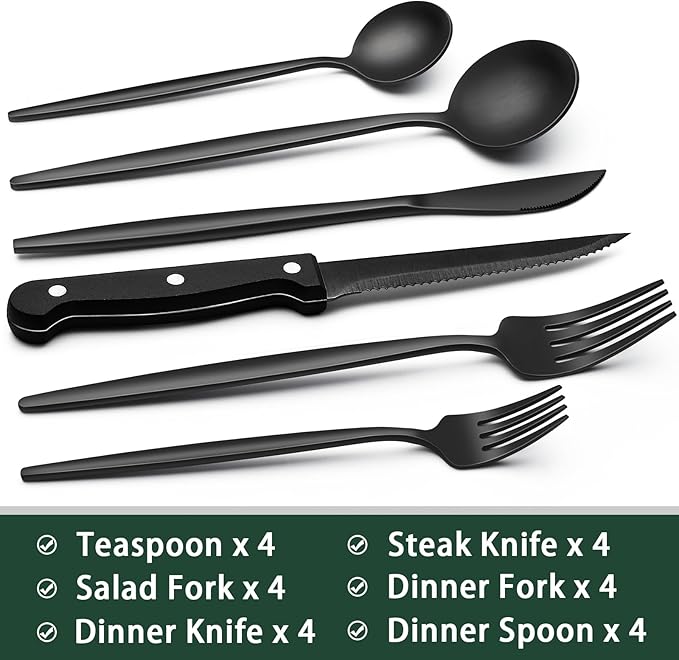 EWFEN 24-Piece Black Silverware Set with Steak Knives, Black Flatware Set for 4, Food-Grade Stainless Steel Tableware Cutlery Set, Mirror Finished Utensil Sets for Home Restaurant, Long Edge