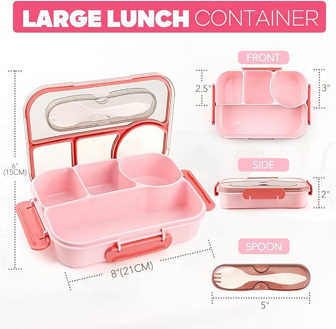 EASYFUN Bento Box Adult, Lunch Box, 4-Compartment Lunch Containers, Drop-Proof, Dishwasher Safe & Made with BPA-Free Materials (Pink)
