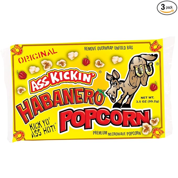 ASS KICKIN' Habanero Microwave Popcorn Bags - 3 Pack - Ultimate Spicy Popcorn Gourmet Gift - Makes a Great Movie Theater Popcorn or Snack Food for Movie Night