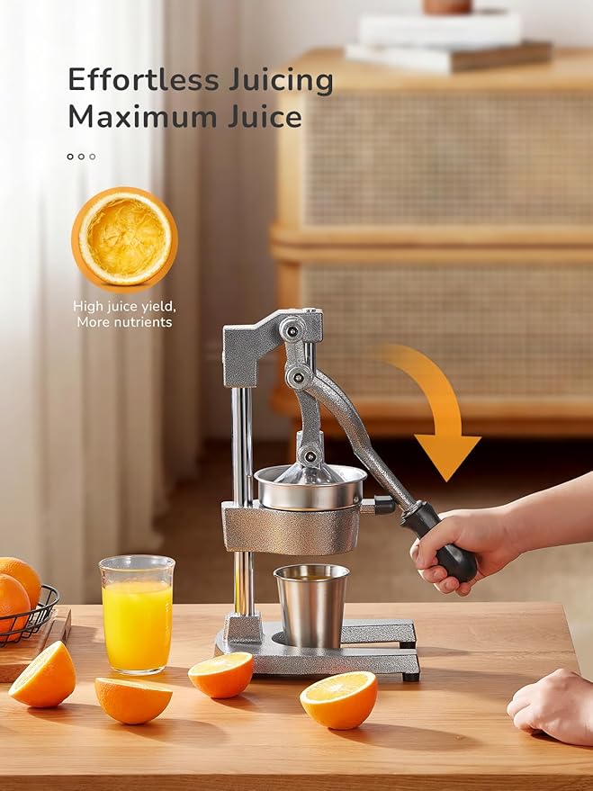 QCen Professional Cast Iron Manual Juicer, Heavy Duty Citrus Press with Stainless Steel Strainer, Easy-to-Clean Hand Squeezer for Orange, Lemon, Lime and Grapefruit - Black (Silver)