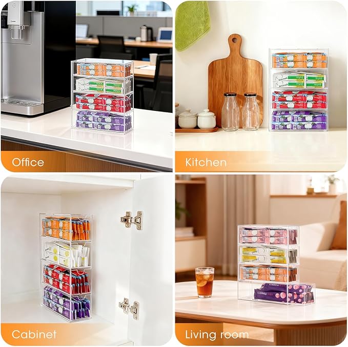 AIEVE Drink Packet Organizer, Drink Mix Holder with 4 Clear Drawers, Acrylic Water Flavor Packets Container, Kitchen Storage Organizers for Pantry Home Organization