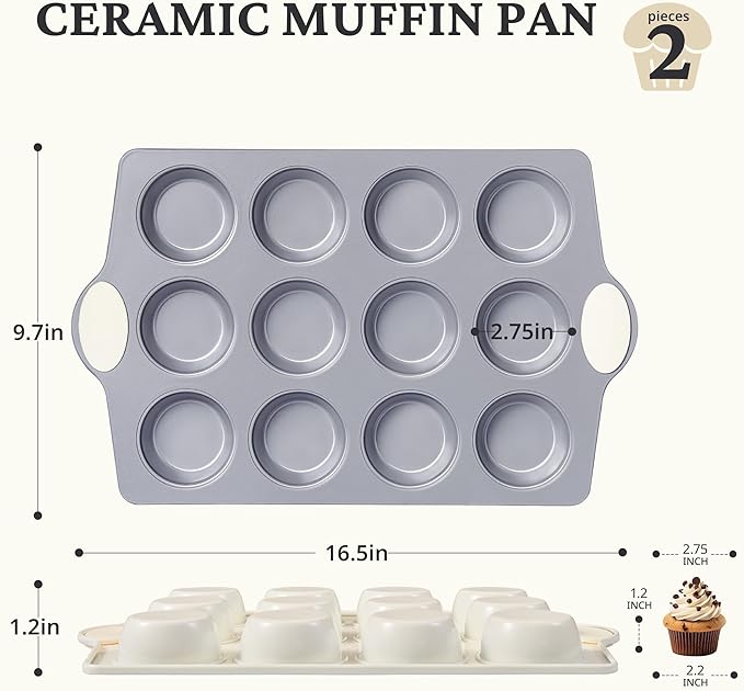 BRONYPRO Ceramic Muffin Pan, 12-Cup Nonstick Aluminized Steel Cupcake Pans, Healthy Non-Toxic Ceramic Coating Muffin tin, 2 Pack Cup Cake Pans for Baking Cream