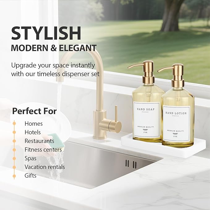Dish Soap Dispenser for Kitchen, Glass Kitchen Soap Dispenser Set with Stainless Steel Pump, Modern Farmhouse Bathroom Decor & Accessories (Yellow Bottle/Gold Pump)