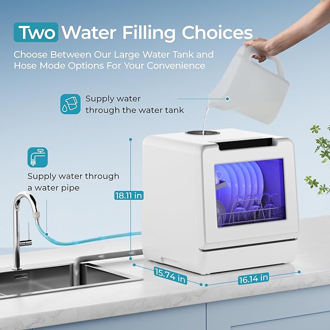 EUHOMY Countertop Dishwasher Portable with 8 Programs, 5L Built-in Water Tank, 167℉ High-Temp, No Hookup Needed, Portable Dishwasher with Slef-Clean/Baby Care/Air Dry/Quick/ECO/Fruit/Normal Mode