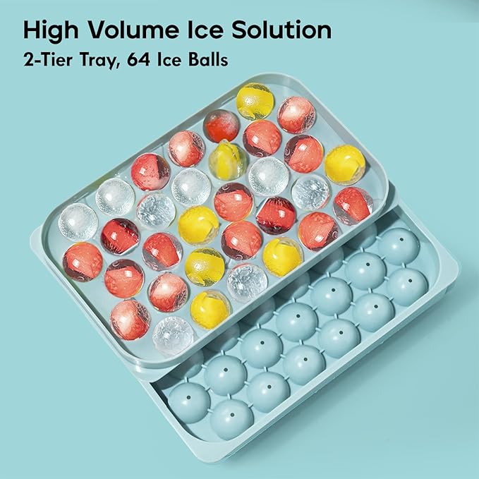 Ice Cube Trays with Lid and Bin, 0.8 IN Small Round Ice Cube Mold - Easy Release Stackable Ice Ball Maker for Cocktail,Whiskey and Drinks, BPA-Free(0.8in/64 balls&box)