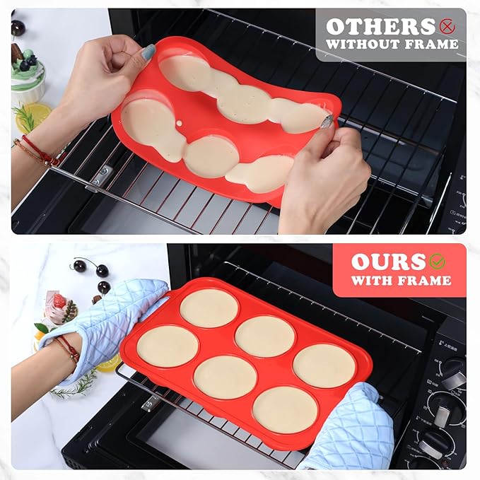 2 Pack Jumbo Silicone Muffin Pan with Metal Frame, Non-stick Large Silicone Cupcake Pan with Handles 6 Cup, Silicon Muffin Tin Tray for baking, egg bites, Cupcake Mold, BPA Free Red