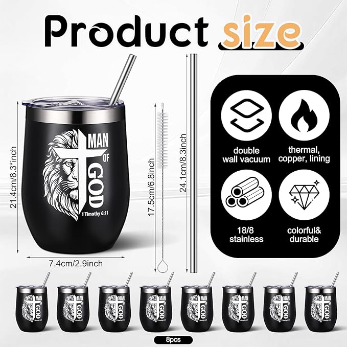 Sliner 8 Pcs Christian Gifts for Men Man of God Coffee Tumbler with Lid Catholic Gift for Men Bible Verse Gift for Pastor Father's Day God Bless Church Religious Cross Inspirational Gifts