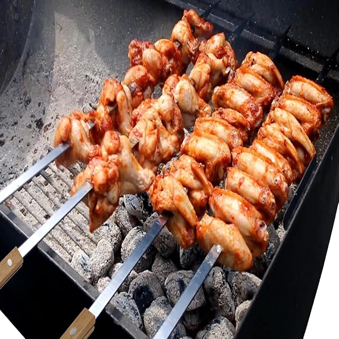 12 Pack Kebab Skewers 22 Inch Stainless Steel Grilling BBQ Skewer Reusable Barbecue Skewers Flat Stick with Wood Handle,Ideal for Koubideh Brazilian Chicken Shrimp Turkish Shish Kabob