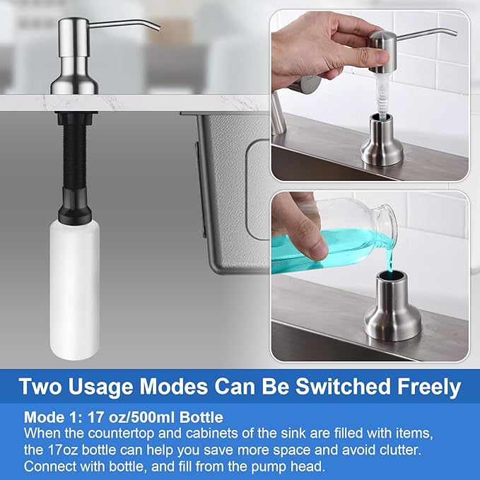 SonTiy Dish soap Dispenser for Kitchen Sink, Liquid Kitchen Hand soap Dispenser Pump Brushed Nickel, Stainless Steel Sink soap Dispenser Set with 47” Extension Tube kit and 17 oz Bottle