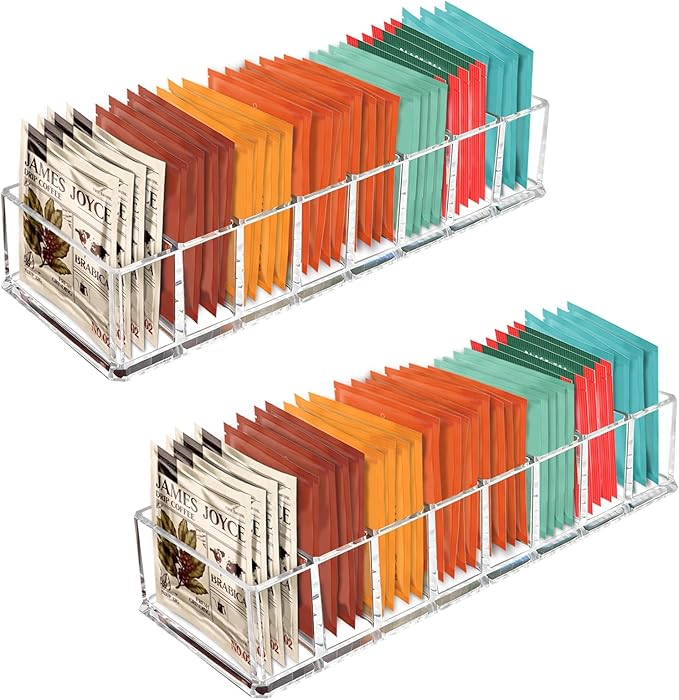 Tasybox Tea Bag Organizer, Clear Acrylic Tea Bag Holder, Tea Packet Storage for Drawer, Pantry, Kitchen, Cabinet, Countertop, 2 Pack