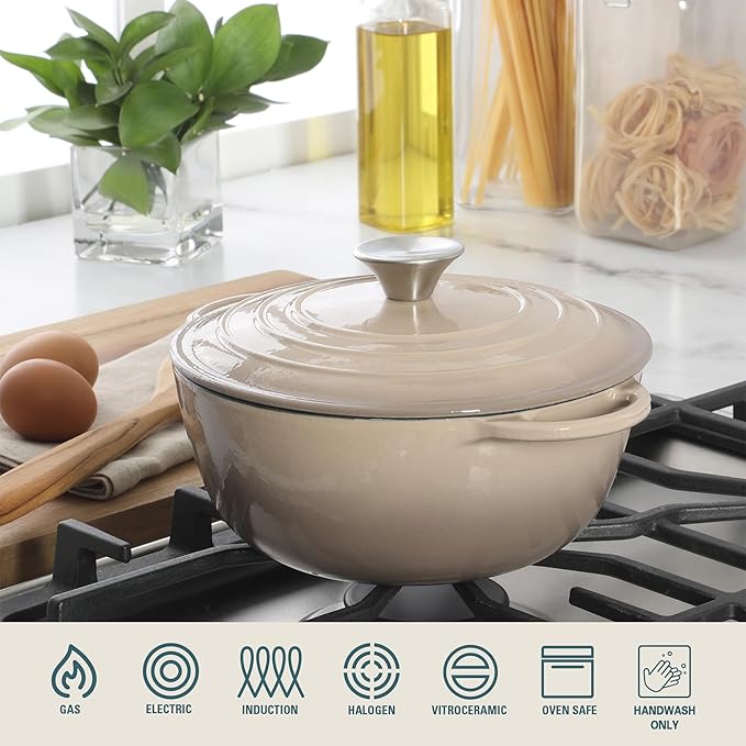 Gibson Home Addlestone 2.65 Qt Enameled Cast Iron Dutch Oven Pot with Lid – Round, Oven Safe to 500°F, Ideal for Bread Baking & Stews - Gradient Taupe