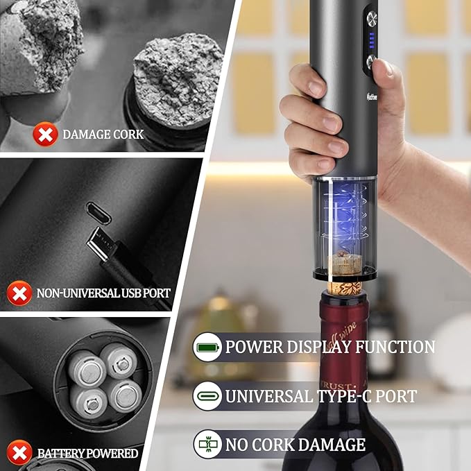 Marchpower Electric Wine Bottle Opener, Cordless Rechargable Automatic Red Wine Corkscrew with Aerator Pourer, Foil Cutter, Vacuum Preservation Stopper and Base, Home Bar Accessories for Wine Lovers