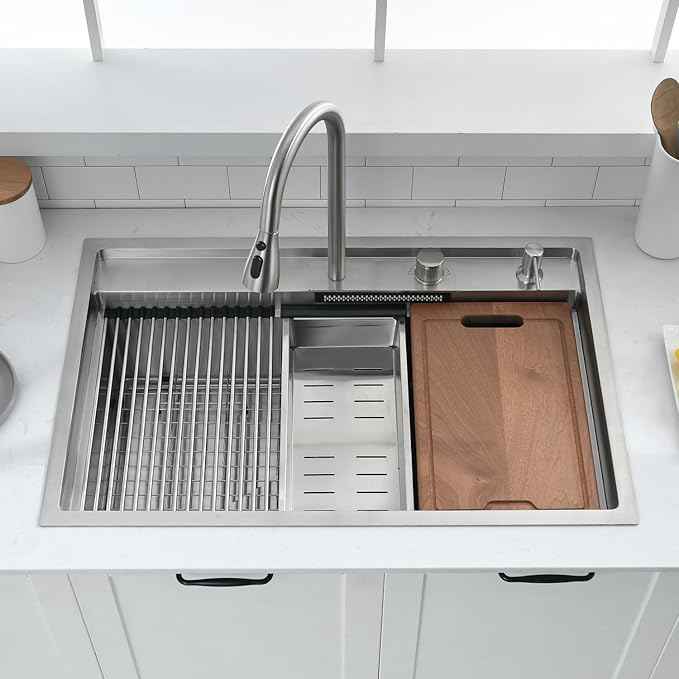 33 Inch Waterfall Drop In Kitchen Sink with Faucet Combo Workstation - VOKIM 33x22-Inch Drop In Sink Stainless Steel 16 Gauge Single Bowl Kitchen Sinks with Cutting Board