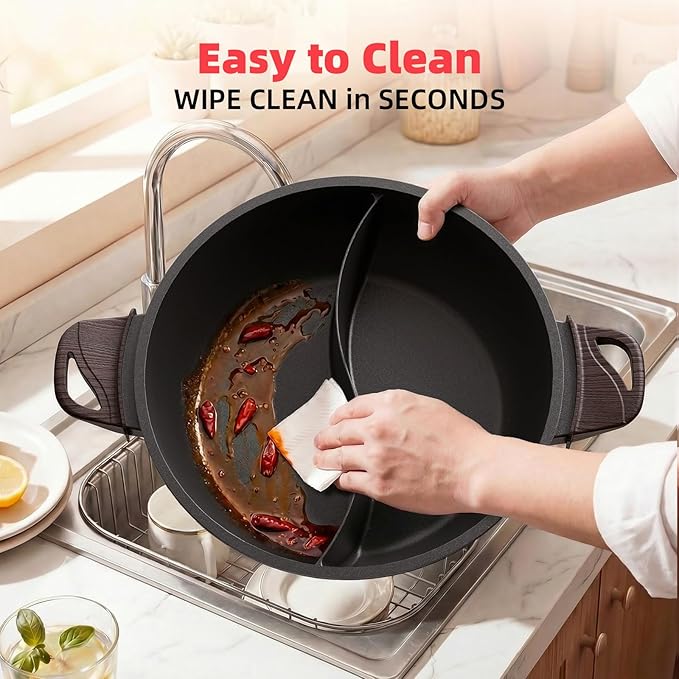 TWIN™ Electric Hot Pot with Divider | PFAS-Free Ceramic Nonstick Pot | EvenHeat Cast Aluminum Body | 1500W Fast Heating | Dual-Flavor Shabu Shabu Pots for Family Use | 1-Yr Warranty