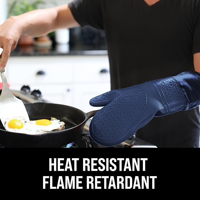 BPA-Free Soft Silicone Oven Mitts - Ultra Heat Resistant Oven Mitts with Thick Cotton Liner - Extra Long Slip Resistant Pot Holders, Flexible Oven Gloves - Navy 14.7"