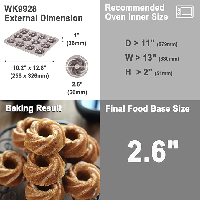 CHEFMADE Tube Cake Pan, 12-Cavity Non-Stick Cyclone Doughnut Bakeware for Oven Baking (Champagne Gold)
