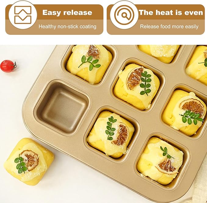 YAYODS 3 Pack Brownie Pan with Dividers 12 Cavity Square Muffin Pans Nonstick All Edges Brownie Pan, Baking Pan for Cornbread, Cupcakes, Tart, Muffin Cakes, Cookie, Bread (Gold)