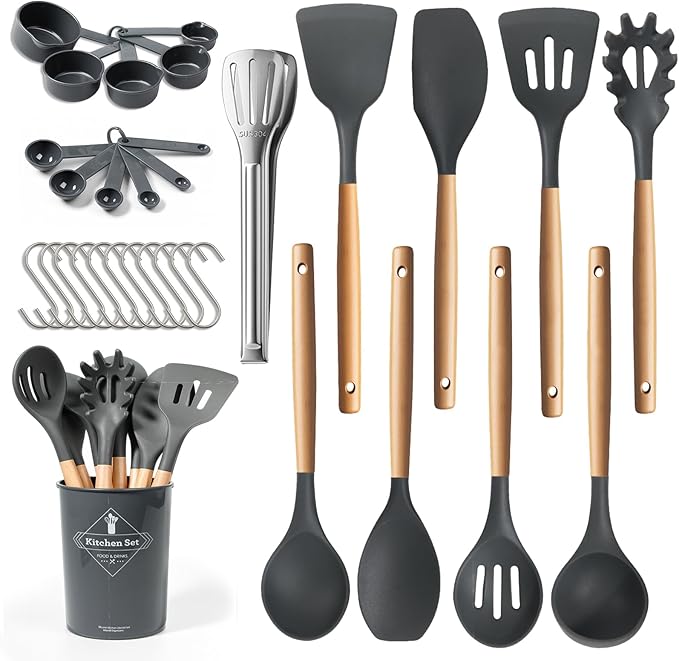 77L 32 PCS Silicone Kitchen Cooking Utensils Set, Non-Stick Cooking Kitchen Utensils Spatula Set with Holder, Turner, Tongs, Spatula, Spoon, Wooden Handle Kitchen Gadgets Utensil Set, Dishwasher Safe