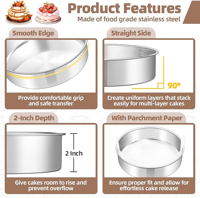 TeamFar 8 Inch Cake Pan Set of 2, Stainless Steel Layer Cake Baking Pans Tins with 90 Pcs Parchment Paper, Round Bakeware for Birthday Wedding, Non-Toxic & Healthy, Mirror Finish & Dishwasher Safe