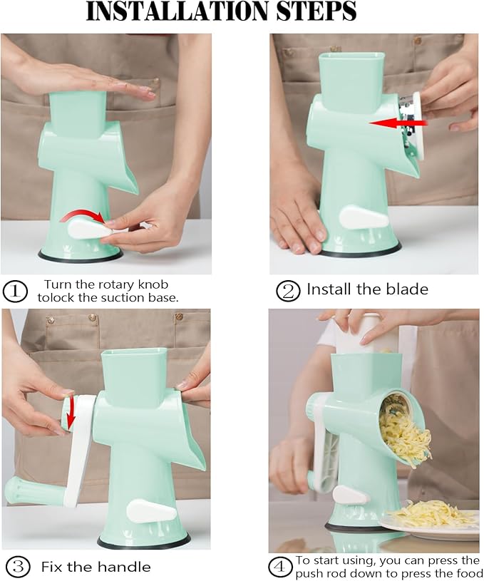 Cheese Grater MultiFunction Rotary Cheese Grater Hand Crank – Cheese Shredder Effortlessly Shred,Slice,Chop.Applicable to Cheese, Vegetables,Fruits,Nuts,Non-Slip Suction Base,Easy to Clean (green)