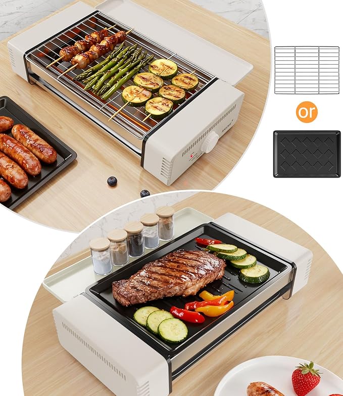 3-in-1 Electric Grill with Hot Dog Roller, Portable Indoor Outdoor BBQ Grill, Griddle and Sausage Roller Machine with Removable Non-Stick Plate & Drip Tray, for Tailgate, Camping, RV, Home Kitchen