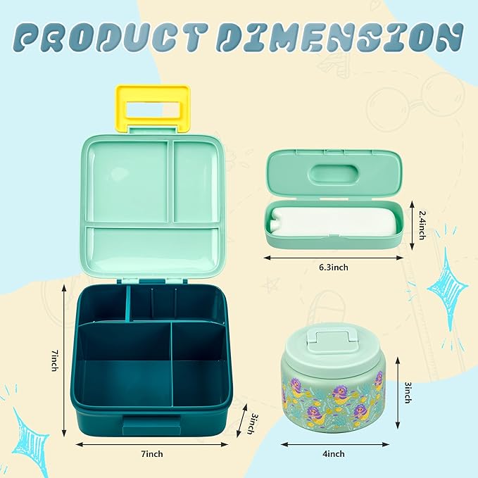 Bento Lunch Box for Kids with 8oz Soup Thermo Leak-Proof Lunch Food Containers with Snack Sauce Container for Kid Toddler Girls Boys to School (Yellow Mermaid)