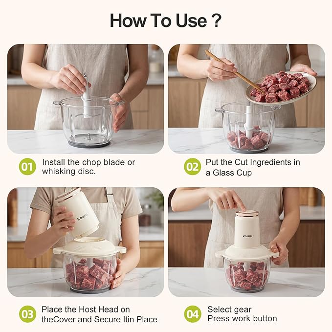 Kawu Electric Food Processor & Meat Grinder, 8 Cup (2L)+0.3L Glass Bowls, 2 Speeds with Stainless Steel Blades, 300W Mini Vegetable Chopper Food Blender for Home Kitchen