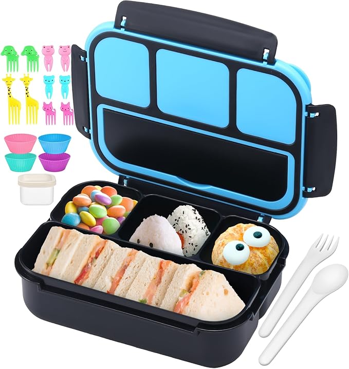 QQKO Bento Box for Kids Adults, School Toddler Lunch Box for Boys Girls, Lunch Box Containers with 4 Compartments, Sauce Container, Utensils, Food Picks and Muffin Cups for School, Black Blue
