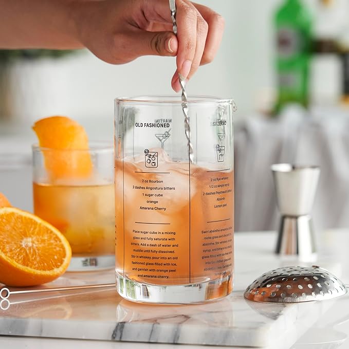 True Recipe Mixing Glass, Cocktail and Bar Tools with Thick Base, Pour Spout, and 5 Printed Recipes, 17 Oz