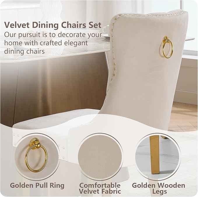 Velvet Dining Chairs Set of 6, Kitchen & Dining Room Chairs, Upholstered Dining Chairs with Back Ring Pull and Golden Solid Wood Legs, Modern Tufted Kitchen Chairs for Dining Room, Cream