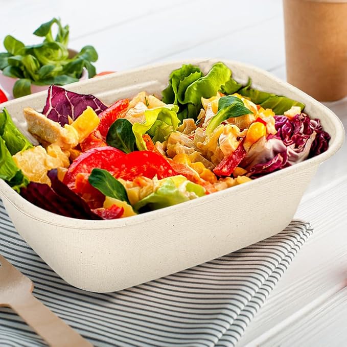 Aksipo 50 Pack 29 Oz Disposable Food Containers with Lids, Compostable Meal Prep Containers with Lids, Leak-proof To Go Food Box Cardboard Take Out Lunch Box Rectangle Paper Bowls for Salad,Leftovers