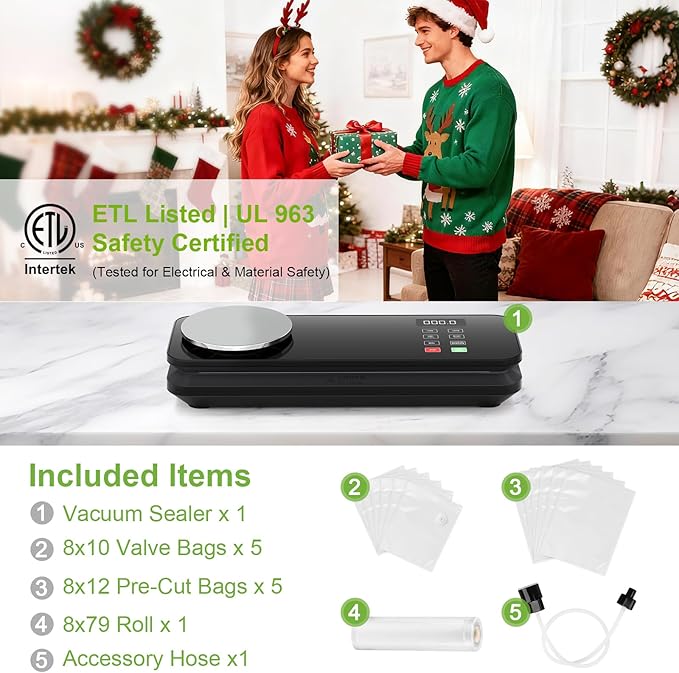 Food Vacuum Sealer Machine, 90KPA with Kitchen Scale, One-Touch Automatic, Multiple Modes, with 10 Sealer Bags and 1 Roll, Built-in Cutter, Black
