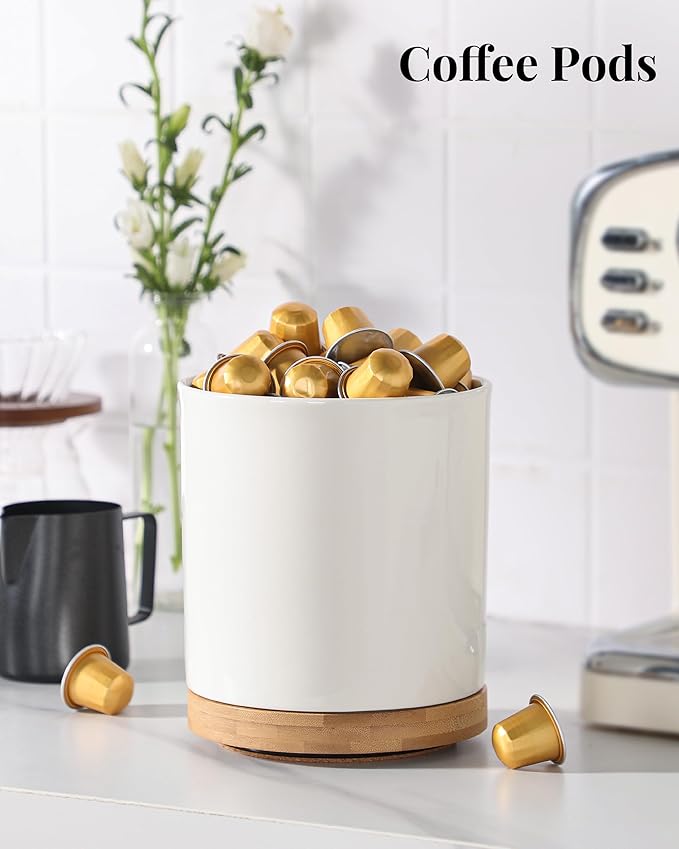 LoeJan 7.3“ 360° Rotating Ceramic Utensil Holder for Kitchen Countertop – Cooking Utensil Crock Organizer with Non-Slip Cork Base for Farmhouse Kitchen Decor, White