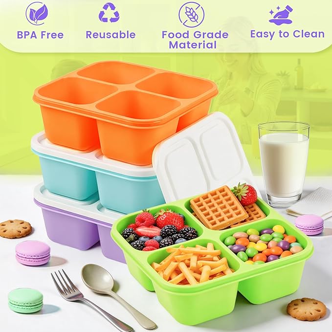 4 Pack Snack Containers Bento Box Adult Lunch Box,Meal Prep Container, Reusable Food Storage lunch Containers Stackable for Work, Travel and Gym (Orange, Green, Purple, Grass Green)