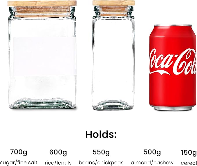 APT 1101 Glass Storage Jars with Bamboo Lid, glass canisters with airtight lids, Clear jars with lids for Spice, Cookie, Candy, Tea, Coffee Bean and Rice (White, Pantry Jar Set (26 oz, set of 6))