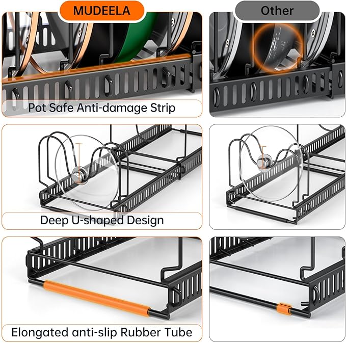 MUDEELA Pots and Pans Organizer Rack for under Cabinet, Expandable Pot Lid Kitchen Cabinet Organizer Holder with 14 Adjustable Compartment Cutting Board Organizer for Pan Lid, Bakeware