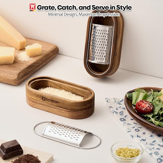 Removable SUS304 Stainless Steel Cheese Grater with Wooden Container, Wooden Shredder, Citrus Zester, Perfect for Presenting Freshly Grated Cheese or Zest