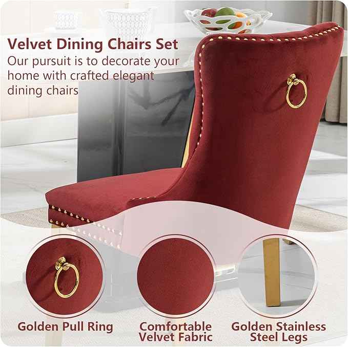 Velvet Dining Chairs Set of 4, Dining Room Chairs Set of 4, Tufted Upholstered Dining Room Chair, Back Ring Pull Trim, Golden Stainless Steel Legs, Wine Red