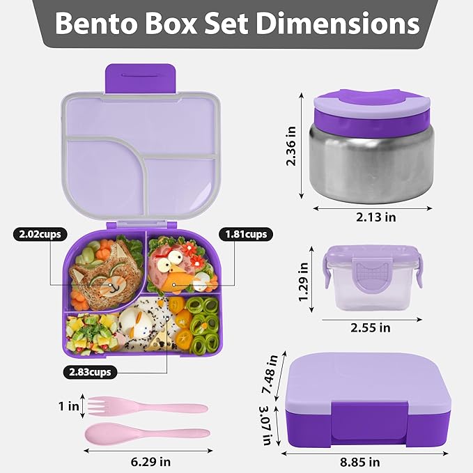 TinyPalsa Bento Box for Kids, 3 Compartment Kids Lunch Box with 10oz Leak Proof Thermos Food Jar, Easy-Open Latch, Dishwasher Safe, Ideal for School, Daycare, Travel with Portable Handle (Purple)