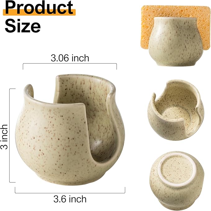 Ceramic Dish Sponge Holder, Sponge Caddy for Kitchen Sink Brush Organizer Scrub Dish Rack for Scrubbers, Bathroom, Sink, Yellow